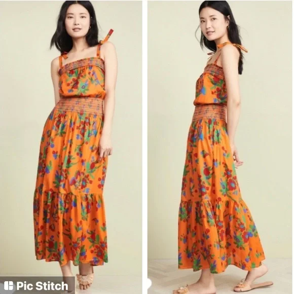 Tory Burch Orange Colorful Smocked Floral Sun Dress - Picture 3 of 7